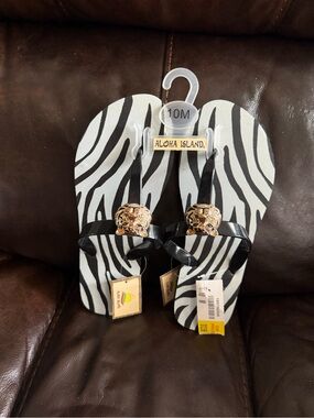 Aloha Island Black & White Zebra Flip Flops with Gold Lion Accents